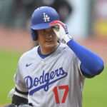 May 27, 2025; Cleveland, Ohio, USA; Los Angeles Dodgers designated hitter Shohei Ohtani (17) stands at the plate in the fourth inning against the Cleveland Guardians at Progressive Field.
