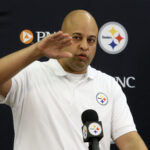 Jul 27, 2023; Latrobe, PA, USA; Pittsburgh Steelers general manager Omar Khan addresses the media prior to the start of training camp at Saint Vincent College.