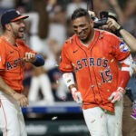 May 13, 2025; Houston, Texas, USA; Houston Astros third baseman Isaac Paredes (15) reacts to his walk off home run against the Kansas City Royals in the ninth inning at Daikin Park.