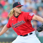 Aug 22, 2023; Cleveland, Ohio, USA; Cleveland Guardians starting pitcher Noah Syndergaard (34) throws a pitch during the first inning against the Los Angeles Dodgers at Progressive Field. Mandatory Credit: Ken Blaze-USA TODAY Sports