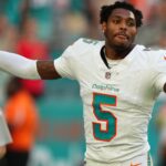 Nov 19, 2023; Miami Gardens, Florida, USA; Miami Dolphins cornerback Jalen Ramsey (5) celebrates after his interception against the Las Vegas Raiders during the second half at Hard Rock Stadium. Mandatory Credit: Jasen Vinlove-USA TODAY Sports