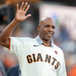 Jun 24, 2024; San Francisco, California, USA; Former San Francisco Giants player Barry Bonds waves to the crowd before the game against the Chicago Cubs at Oracle Park. Mandatory Credit: Sergio Estrada-USA TODAY Sports