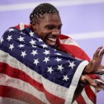 Noah Lyles (USA) celebrates after winning the men’s 100m final during the Paris 2024 Olympic Summer Games at Stade de France in Saint-Denis, France, Sunday, Aug. 4, 2024.