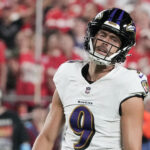 Sep 5, 2024; Kansas City, Missouri, USA; Baltimore Ravens kicker Justin Tucker (9) reacts after missing a field goal against the Kansas City Chiefs during the game at GEHA Field at Arrowhead Stadium. Mandatory Credit: Denny Medley-Imagn Images