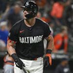 Sep 20, 2024; Baltimore, Maryland, USA; Baltimore Orioles catcher James McCann (27) reacts after hitting a sixth inning solo home run against the Detroit Tigers at Oriole Park at Camden Yards. Mandatory Credit: Tommy Gilligan-Imagn Images