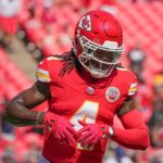 Sep 15, 2024; Kansas City, Missouri, USA; Kansas City Chiefs wide receiver Rashee Rice (4) warms up against the Cincinnati Bengals prior to a game at GEHA Field at Arrowhead Stadium. Mandatory Credit: Denny Medley-Imagn Images