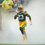 Oct 13, 2024; Green Bay, Wisconsin, USA; Green Bay Packers cornerback Jaire Alexander (23) prior to the game against the Arizona Cardinals at Lambeau Field. Mandatory Credit: Jeff Hanisch-Imagn Images