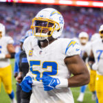 Oct 21, 2024; Glendale, Arizona, USA; Los Angeles Chargers linebacker Khalil Mack (52) against the Arizona Cardinals at State Farm Stadium. Mandatory Credit: Mark J. Rebilas-Imagn Images
