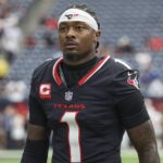 Oct 27, 2024; Houston, Texas, USA; Houston Texans wide receiver Stefon Diggs (1) walks towards the sideline before the game against the Indianapolis Colts at NRG Stadium. Mandatory Credit: Troy Taormina-Imagn Images