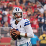 Oct 27, 2024; Santa Clara, California, USA; Dallas Cowboys quarterback Dak Prescott (4) warms up before the game against the San Francisco 49ers at Levi's Stadium. Mandatory Credit: Kelley L Cox-Imagn Images