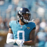 Oct 27, 2024; Jacksonville, Florida, USA; Jacksonville Jaguars wide receiver Gabe Davis (0) before the game against the Green Bay Packers at EverBank Stadium. Mandatory Credit: Morgan Tencza-Imagn Images