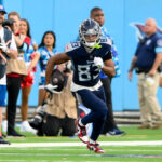 Nov 17, 2024; Nashville, Tennessee, USA; Tennessee Titans wide receiver Tyler Boyd (83) runs with the ball after a made catch against the Minnesota Vikings during the second half at Nissan Stadium. Mandatory Credit: Steve Roberts-Imagn Images