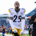 Dec 1, 2024; Cincinnati, Ohio, USA; Pittsburgh Steelers safety DeShon Elliott (25) runs off the field after the victory over the Cincinnati Bengals at Paycor Stadium. Mandatory Credit: Katie Stratman-Imagn Images