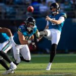 Jacksonville Jaguars punter Logan Cooke (9) punts the ball during the fourth quarter Sunday, Dec. 15, 2024 at EverBank Stadium in Jacksonville, Fla. The Jets held off the Jaguars 32-25.