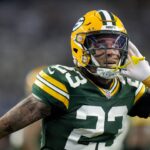 Green Bay Packers cornerback Jaire Alexander (23) reacts after intercepting a pass during the first quarter of the wild card playoff game against the Dallas Cowboys Sunday, January 14, 2024 at AT&T Stadium in Arlington, Texas.