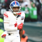 Jan 5, 2025; Philadelphia, Pennsylvania, USA; New York Giants wide receiver Malik Nabers (1) celebrates his 45-yard touchdown catch against the Philadelphia Eagles during the fourth quarter at Lincoln Financial Field. Mandatory Credit: Eric Hartline-Imagn Images