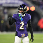 Jan 11, 2025; Baltimore, Maryland, USA; Baltimore Ravens cornerback Nate Wiggins (2) reacts in the first quarter against the Pittsburgh Steelers in an AFC wild card game at M&T Bank Stadium. Mandatory Credit: Tommy Gilligan-Imagn Images