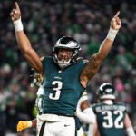 Jan 12, 2025; Philadelphia, Pennsylvania, USA; Philadelphia Eagles linebacker Nolan Smith Jr. (3) reacts against the Green Bay Packers during the second half in an NFC wild card game at Lincoln Financial Field. Mandatory Credit: Eric Hartline-Imagn Images