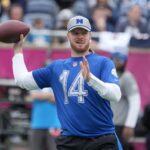 Feb 1, 2025; Orlando, FL, USA; Minnesota Vikings quarterback Sam Darnold (14) throws the ball during NFC Practice for the Pro Bowl Games at Camping World Stadium. Mandatory Credit: Kirby Lee-Imagn Images