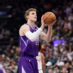Mar 17, 2025; Salt Lake City, Utah, USA; Utah Jazz forward Lauri Markkanen (23) shoots a technical free throw during the first quarter against the Chicago Bulls at Delta Center.