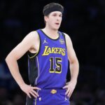 Mar 17, 2025; Los Angeles, California, USA; Los Angeles Lakers guard Austin Reaves (15) reacts in the first half against the San Antonio Spurs at the Crypto.com Arena.