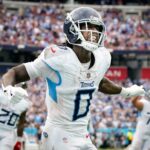 Tennessee Titans wide receiver Calvin Ridley (0) celebrates after scoring a touchdown against the New York Jets at Nissan Stadium in Nashville on Sept. 15, 2024. The Titans lost their home opener 24-17.