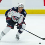 Mar 29, 2025; Ottawa, Ontario, CAN; Columbus Blue Jackets center Sean Monahan (23) controls the puck in the third period against the Ottawa Senators at the Canadian Tire Centre.