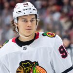 Apr 15, 2025; Ottawa, Ontario, CAN; Chicago Blackhawks center Connor Bedard (98) skates in the second period against the Ottawa Senators at the Canadian Tire Centre. Mandatory Credit: Marc DesRosiers-Imagn Images