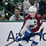Apr 21, 2025; Dallas, Texas, USA; Colorado Avalanche defenseman Cale Makar (8) in action during the game between the Dallas Stars and the Colorado Avalanche in game two of the first round of the 2025 Stanley Cup Playoffs at American Airlines Center. Mandatory Credit: Jerome Miron-Imagn Images