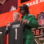 Texas A&M Aggies defensive end Shemar Stewart poses with NFL commissioner Roger Goodell poses after being selected by the Cincinnati Bengals as the number seventeen pick in the first round of the 2025 NFL Draft at Lambeau Field.