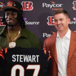 Cincinnati Bengals first-round draft pick Shemar Stewart, left, and head coach Zac Taylor, right, pose together ahead of a press conference, Friday, April 25, 2025, at Paycor Stadium in Downtown Cincinnati.
