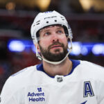 Apr 26, 2025; Sunrise, Florida, USA; Tampa Bay Lightning right wing Nikita Kucherov (86) looks on against the Florida Panthers in the second period during game three of the first round of the 2025 Stanley Cup Playoffs at Amerant Bank Arena. Mandatory Credit: Nathan Ray Seebeck-Imagn Images
