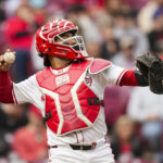 May 4, 2025; Cincinnati, Ohio, USA; Cincinnati Reds catcher Jose Trevino (35) throws the ball to a teammate between batters in the game against the Washington Nationals in the fifth inning at Great American Ball Park. Mandatory Credit: Aaron Doster-Imagn Images