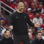 May 4, 2025; Houston, Texas, USA; Houston Rockets head coach Ime Udoka reacts during the first half of game seven of the first round for the 2025 NBA Playoffs against the Golden State Warriors at Toyota Center.
