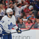 May 16, 2025; Sunrise, Florida, USA; Toronto Maple Leafs left wing Max Pacioretty (67) celebrates after scoring against the Florida Panthers during the third period in game six of the second round of the 2025 Stanley Cup Playoffs at Amerant Bank Arena. Mandatory Credit: Sam Navarro-Imagn Images