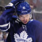 May 18, 2025; Toronto, Ontario, CAN; Toronto Maple Leafs forward Mitch Marner (16) adjusts his helmet after a play against the Florida Panthers during the first period of game seven of the second round of the 2025 Stanley Cup Playoffs at Scotiabank Arena. Mandatory Credit: John E. Sokolowski-Imagn Images