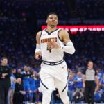 Westbrook - May 18, 2025; Oklahoma City, Oklahoma, USA; Denver Nuggets guard Russell Westbrook (4) runs down the court against the Oklahoma City Thunder in the second quarter during game seven of the second round for the 2025 NBA Playoffs at Paycom Center.
