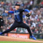 May 23, 2025; Detroit, Michigan, USA; Detroit Tigers starting pitcher Jackson Jobe (21) throws a pitch against the Cleveland Guardians in the second inning at Comerica Park. Mandatory Credit: Lon Horwedel-Imagn Images