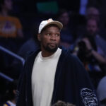 May 27, 2025; Los Angeles, California, USA; Kevin Durant attends a WNBA game between the Atlanta Dream and LA Sparks at Crypto.com Arena.