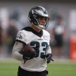 May 28, 2025; Philadelphia, PA, USA; Philadelphia Eagles cornerback Cooper DeJean (33) looks on during OTAs at NovaCare Complex.