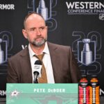 May 29, 2025; Dallas, Texas, USA; Dallas Stars head coach Pete DeBoer speaks to the media after the game against the Edmonton Oilers in game five of the Western Conference Final of the 2025 Stanley Cup Playoffs at American Airlines Center. Mandatory Credit: Jerome Miron-Imagn Images