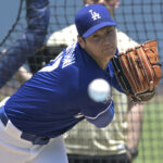 May 31, 2025; Los Angeles, California, USA; Los Angeles Dodgers Shohei Ohtani (17) throws live batting practice prior to the game against the New York Yankees at Dodger Stadium. Mandatory Credit: Jayne Kamin-Oncea-Imagn Images