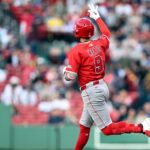Jun 2, 2025; Boston, Massachusetts, USA; Los Angeles Angels shortstop Zach Neto (9) reacts after hitting a solo home run against the Boston Red Sox during the first inning at Fenway Park. Mandatory Credit: Brian Fluharty-Imagn Images