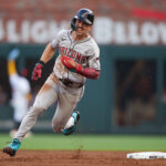 Jun 3, 2025; Atlanta, Georgia, USA; Arizona Diamondbacks right fielder Corbin Carroll (7) runs to third against the Atlanta Braves in the third inning at Truist Park. Mandatory Credit: Brett Davis-Imagn Images