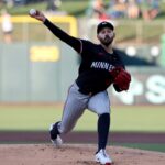 Jun 3, 2025; West Sacramento, California, USA; Minnesota Twins starting pitcher Pablo Lopez (49) throws a pitch against the Athletics during the first inning at Sutter Health Park. Mandatory Credit: Dennis Lee-Imagn Images