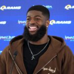 Jun 3, 2025; Woodland Hills, CA, USA; Los Angeles Rams linebacker Jared Verse at a press conference during organized team activities at Rams Practice Facility. Mandatory Credit: Kirby Lee-Imagn Images