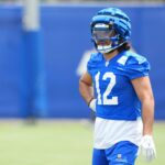 Jun 3, 2025; Woodland Hills, CA, USA; Los Angeles Rams receiver Puka Nacua (12) during organized team activities at Rams Practice Facility. Mandatory Credit: Kirby Lee-Imagn Images