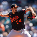 Jun 5, 2025; Seattle, Washington, USA; Balitimore Orioles starter Zach Eflin (24) delivers a pitch during the first inning against the Seattle Mariners at T-Mobile Park. Mandatory Credit: Stephen Brashear-Imagn Images
