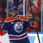 Jun 6, 2025; Edmonton, Alberta, CAN; Edmonton Oilers left wing Evander Kane (91) reacts after scoring a goal against the Florida Panthers during the first period in game two of the 2025 Stanley Cup Final at Rogers Place. Mandatory Credit: Perry Nelson-Imagn Images