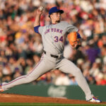 Jun 6, 2025; Denver, Colorado, USA; New York Mets starting pitcher Kodai Senga (34) pitches in the third inning against the Colorado Rockies at Coors Field. Mandatory Credit: Isaiah J. Downing-Imagn Images